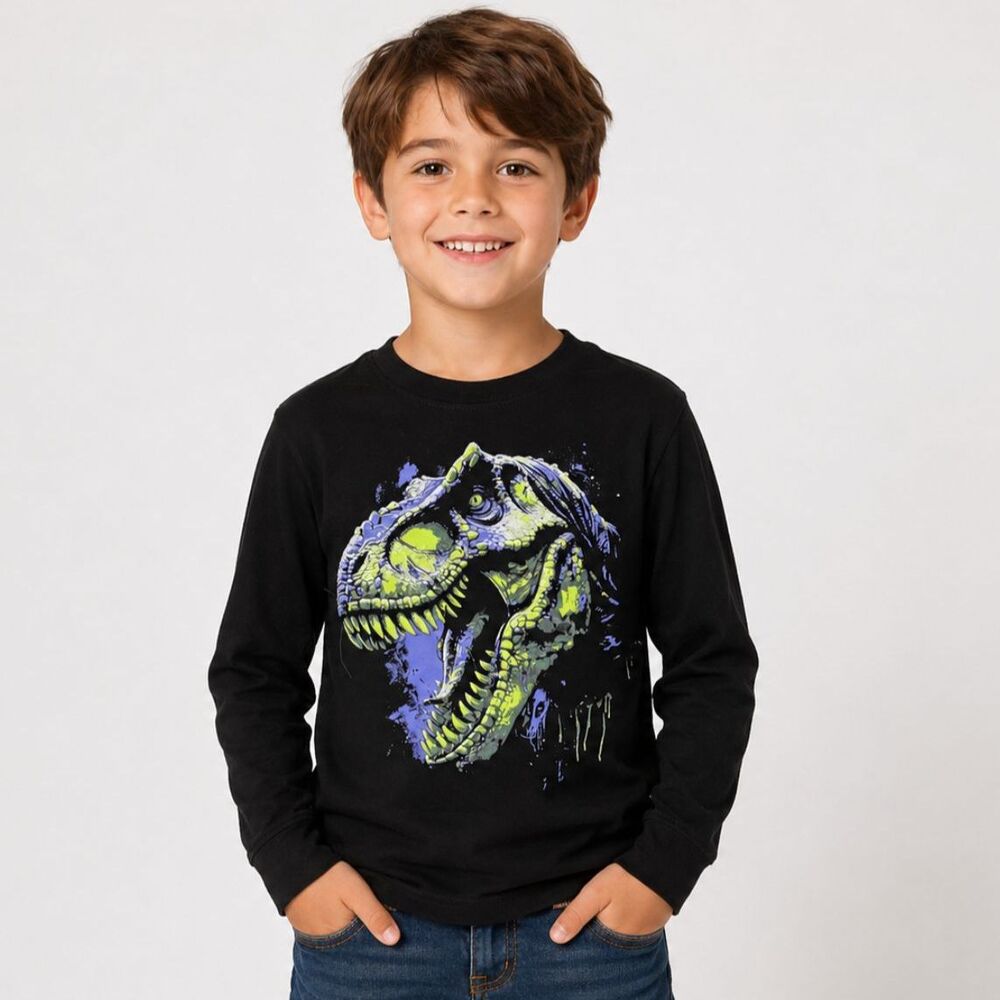 NWT Highland Originals Boys Size 7 Black T-Rex Dinosaur Long Sleeve Tee Shirt #X